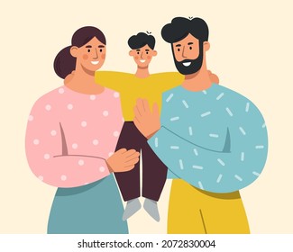 Happy family with a cute little son. Young mother and father holding their beloved baby in their arms. Love and care for loved ones. Flat vector illustration.