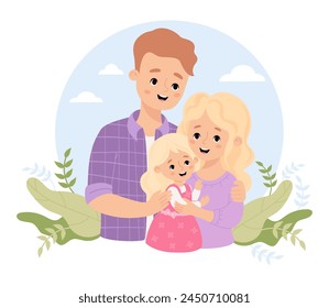 Happy family. Cute man father, with blonde wife and daughter. Vector illustration