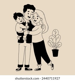 Happy family. Cute man hugs his wife and holds son in his arms. Smiling people characters in full growth. Vector illustration in doodle style. Hand drawing.