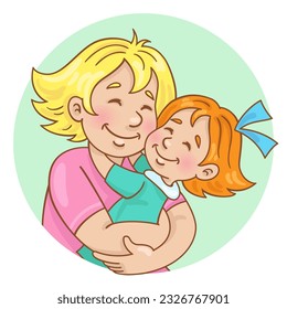 Happy family. Cute mother hugging her little daughter. Avatar icon in cartoon style. Isolated on white background. Vector flat illustration