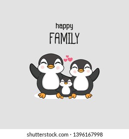  Happy family with cute penguin hand drawn cartoon.