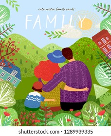 feliz familia. Afiche vectorial, tarjeta o cubierta con una ilustración de un padre, madre y recién nacido sobre un fondo de naturaleza verde, montañas y paisaje forestal con flores
