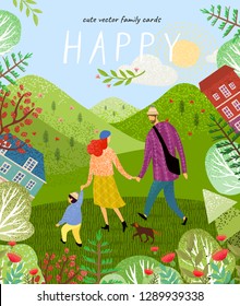 happy family. Cute vector poster, card or cover with an illustration of a father, mother and newborn baby on a background of green nature, mountains and forest landscape with flowers
