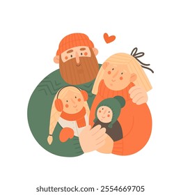 Happy family. Cute winter illustration of mother, father, daughter and son. Vector cartoon portrait. Template for Christmas greeting card