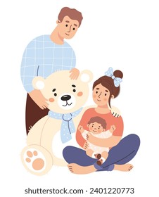 Happy family. Cute woman with small baby with man husband and large white teddy bear toy. Vector illustration in flat style.