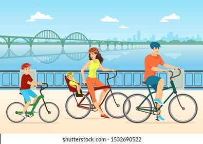 Happy family cycling flat vector illustration. Couple with children, mother, father and kids cartoon characters. People riding bicycles together. Active outdoor recreation, bonding, healthy lifestyle.