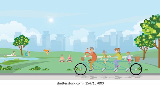 Happy family cycling tandem bicycle in the park on city view background. healthy lifestyle cartoon Vector illustration.