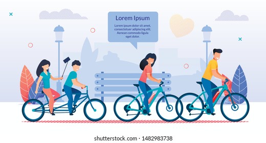 Happy Family Cycling Together in City Park. Mother, Father Riding Bicycles, Children Driving Tandem Bike. Girl Doing Selfie. Mom Talk to Relatives. Sport, Healthy Lifestyle. Vector Flat Illustration