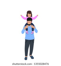 A happy family. Dad and daughter spend time together. A man holds a girl on his shoulders.