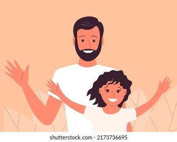 Happy family dad with little daughter. One parent with a child. Welcome gesture. Friendship with dad. Young father with a beard. People portrait. Flat vector illustration