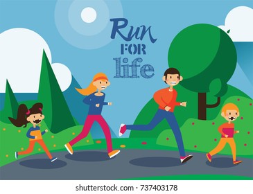 Happy family of dad, mom and cute kids have summer jogging in park. Horizontal vector  sport illustration. Running people and lettering Run for life.