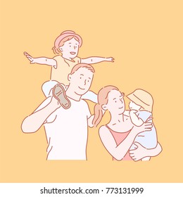 Happy family Dad, Mom and Cute Children hand drawn style vector doodle design illustrations.