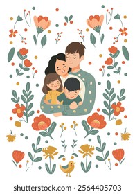 Happy family with dad, mom, daughter, and son vector illustration 