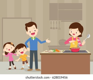 Happy Family With Dad ,mom ,daughter, Son Cooking In Kitchen Vector Cartoon Illustration