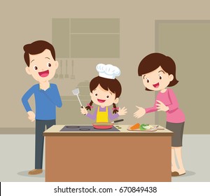 Happy Family With Dad ,mom ,daughter Cooking In Kitchen Vector Cartoon Illustration