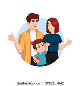 Happy family, dad, mom, son show thumbs up. Approval concept. Flat style illustration