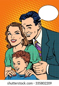 Happy family dad mom and son pop art retro style