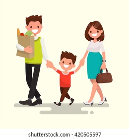 Happy family. Dad mom and son are going home. Vector illustration of a flat design