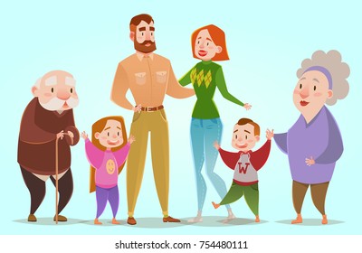 Happy family. Dad, mom, son, daughter, grandpa, grandma. Cute cartoon style. Vector illustration.