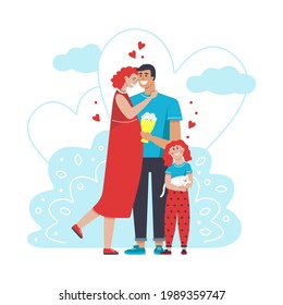 A happy family. Dad, pregnant mom, their little daughter and a white cat. They hug on a walk. Vector illustration.