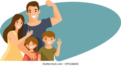 Happy family. Dad shows his biceps