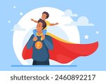 Happy family, dad superhero holding son on shoulders. Super father in hero costume and red cloak playing with boy in imagination adventure game, best daddy and child cartoon vector illustration