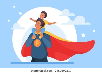 Happy family, dad superhero holding son on shoulders. Super father in hero costume and red cloak playing with boy in imagination adventure game, best daddy and child cartoon vector illustration