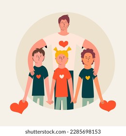 A happy family. Dad, two sons and a daughter together. Vector illustration in hand drawn style