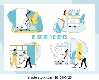 Happy family daily household chore. Man husband woman wife doing domestic work at home set. Daily housekeeping routine. Mopping vacuuming room or kitchen floor, everyday grocery sopping