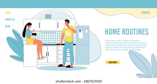 Happy family daily life. Home routine. Morning breakfast or snack lunch together. Girlfriend boyfriend nice conversation, good relationship. Relaxed atmosphere enjoyment. Landing page template