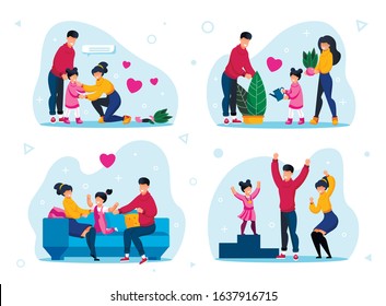 Happy Family Daily Life, Parenthood Activities Trendy Flat Vector Concepts Set. Parents Calming Down Daughter, Watering Plant, Relaxing at Home, Celebrating Kid Victory in Sport Isolated Illustrations