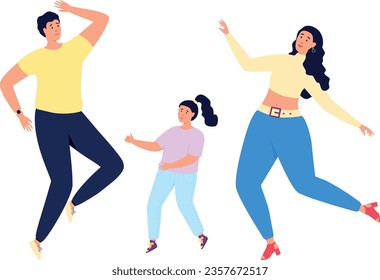 Happy family dancing. Cheerful parents and girl celebrating