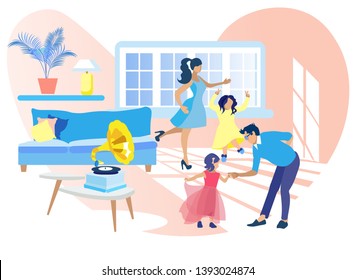 Happy Family Dancing at Home Listening Gramophone Music. Mother, Father and Two Little Daughters Spending Leisure and Spare Time Together in Living Room. Fun Happiness Cartoon Flat Vector Illustration