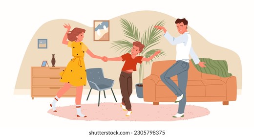 Happy family dancing in home living room vector illustration. Cartoon mother, father and son dance to music, enjoy fun time together and leisure movements, funny lifestyle scene with parents and kid