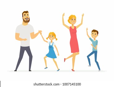 Happy family dancing - modern cartoon people characters illustration on white background. A young pretty mother with two children, boy and girl, and a handsome husband moving and laughing together