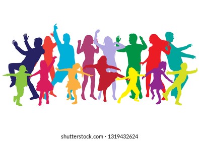 Happy family, dancing silhouettes.