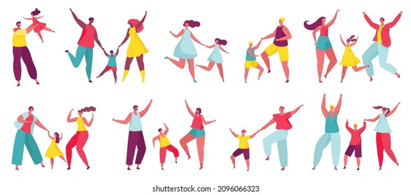 Happy family dancing together, parents dance with kids. Mother and daughter dancers, children enjoying music with mom and dad vector set. Man and woman having entertainment and happiness