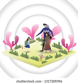 happy family daughter dad and mother, little girl running to hug her mother and father. paper art style illustration. vector background