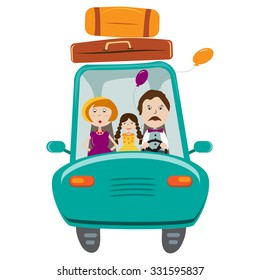 Happy family with daughter travelling by car. Summer Road Trip vector Illustration 