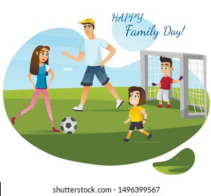 Happy Family Day Banner. Cartoon Man Woman Children Play Football Game Vector Illustration. Father Mother Daughter and Son Run Kick Ball on Field. Sport Training Active Summer Leisure