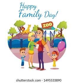 Happy Family Day Banner, Greeting Card, Mother, Father, Daughter and Son at Entrance to Zoo Park with Lions and Monkeys Behind of Fence, Parents and Children Leisure Cartoon Flat Vector Illustration