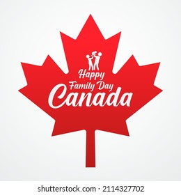 Happy family day canada 21 february 2022 modern creative banner, sign, design concept, social media post, template with white text on a red background with canadian maple leaf 