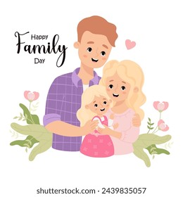 Happy Family Day card. Cute man father, with wife mother blonde and daughter in flowers. Vector illustration.