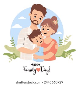 Happy Family Day card. Cute bearded man father hugging his brunette wife and son. Vector illustration. Holiday character family