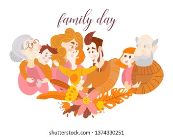Happy family day card. Mom, dad, kids, grandma, grandpa. The framing of the branches. On the branch birdhouse. Symbol of home and family. Modern flat style vector illustration. Brush textured  