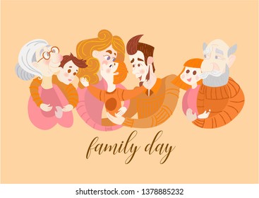 Happy family day card. Mom, dad, kids, grandma, grandpa. The framing of the branches. On the branch birdhouse. Symbol of home and family. Modern flat style vector illustration. Brush textured  