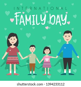 Happy family day. Dad, Mom son and daughter are stand hand in hand.  vector illustration with cartoon