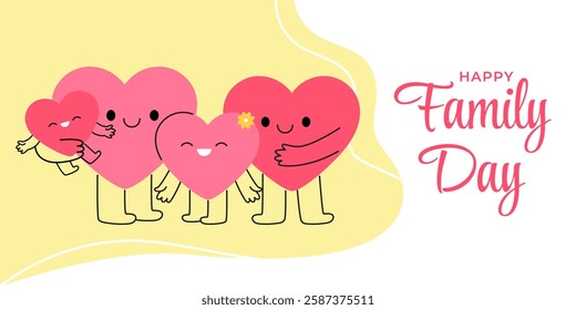 Happy Family Day greeting banner. Cute cartoon heart characters family together. Mother, father and children hand-drawn doodle style. Love, appreciation, family bonding illustration. Vector