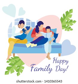 Happy Family Day Greeting Card with Plant Leaves Decor. Father with Baby, Mother Reading Book with Preschooler Son. Parents and Kids on Sofa. Flat Cartoon In Heart Shaped Frame. Vector Illustration