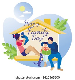 Happy Family Day Greeting Card. Parents and Children on Bench behind House. Mother Plays with Baby. Father Reads Book with Preschooler Son. Cat Wants to Catch Boys Fingers. Vector Illustration
